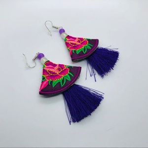 Embroidered Pink Rose/ Purple Fringe Earrings